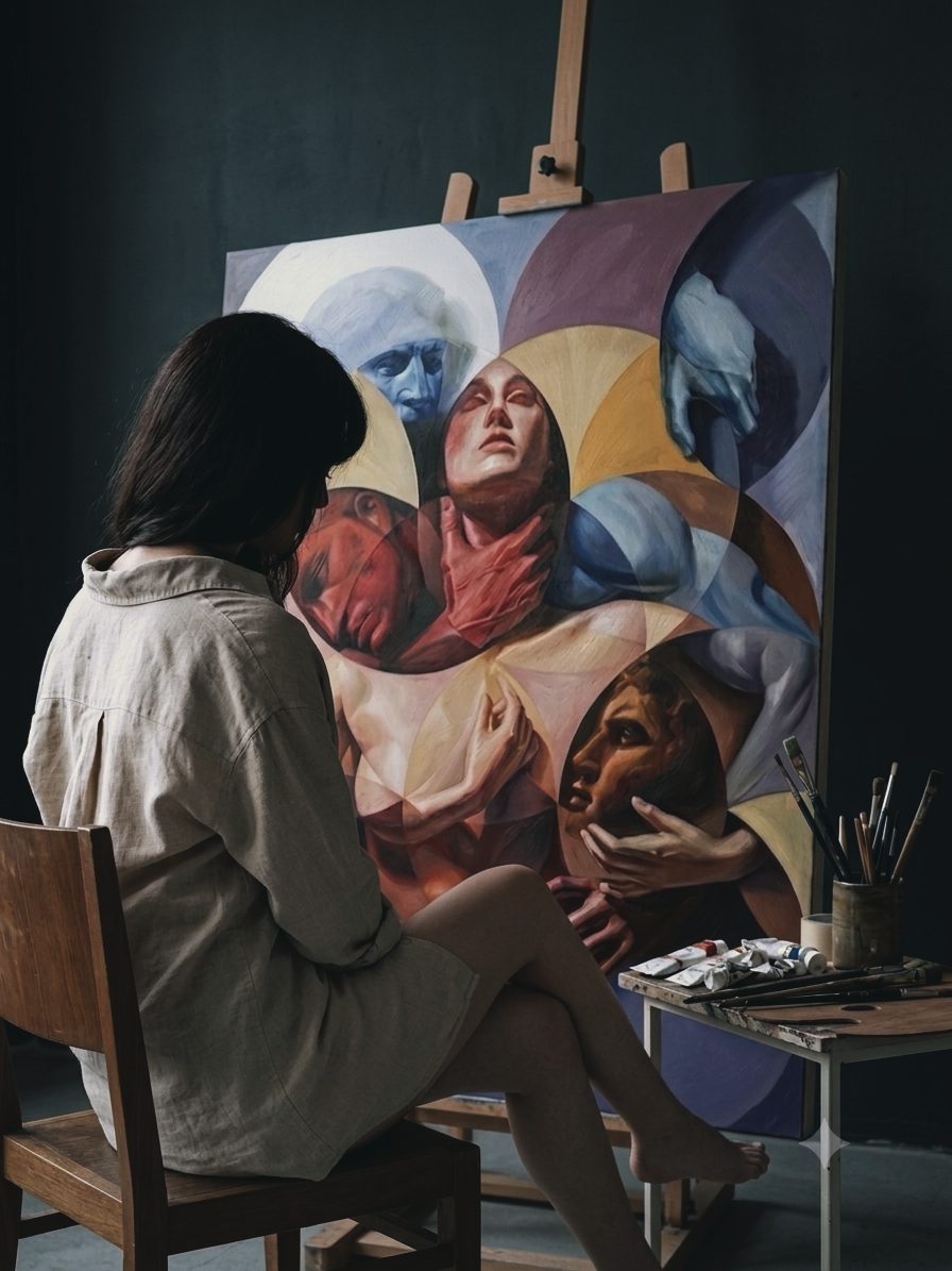 Khawla Abu Saleh at the easel with a ROSE Series painting in progress