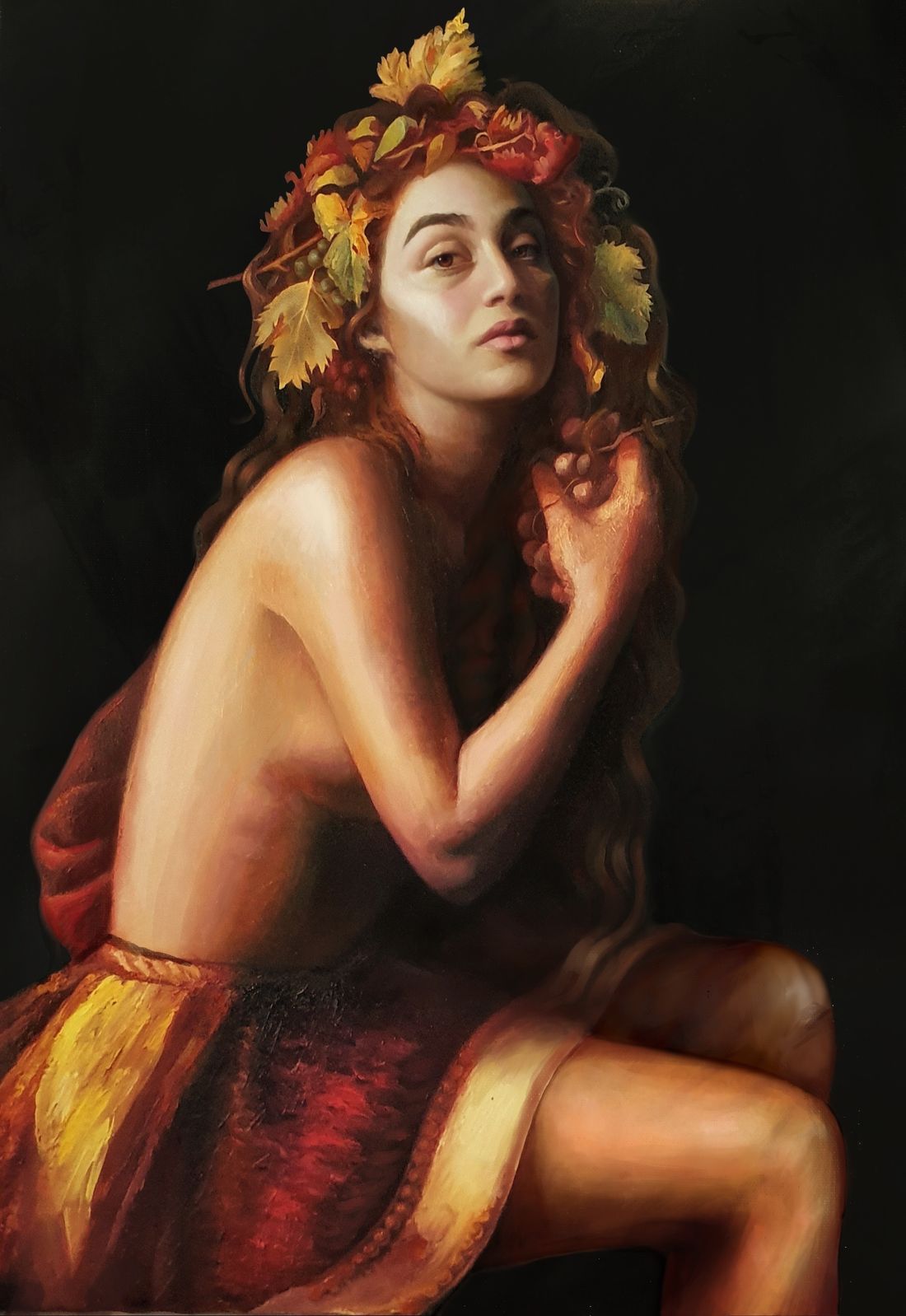 Bacchus, oil on canvas, 100 × 70 cm — reinterpretation of Caravaggio's Bacchus as a goddess, rendered as a self-portrait