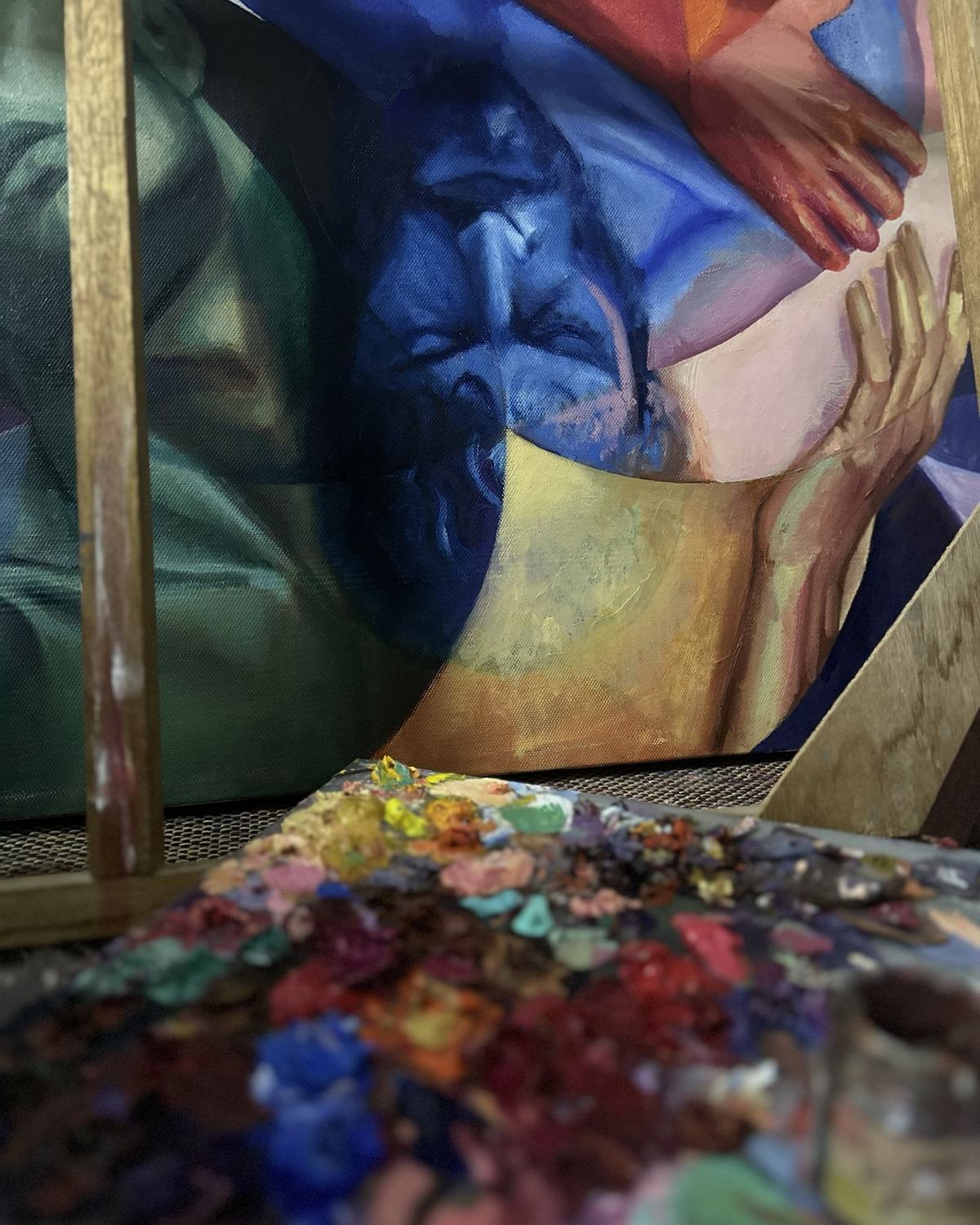 ROSE V on the easel, palette in the foreground